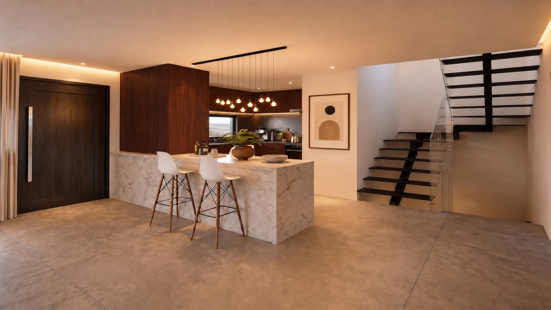 Cozinha com ilha em pedra, revestimento em madeira e escada de acesso ao piso superior