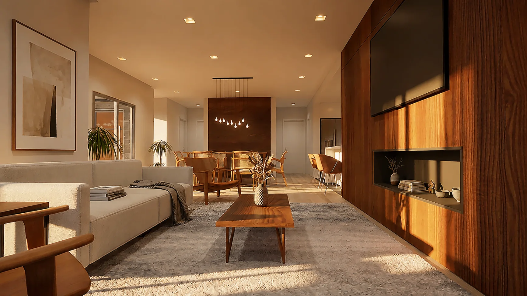 Sala de estar da Casa São Bartolomeu com revestimento em madeira, luz natural e relação aberta com a zona social