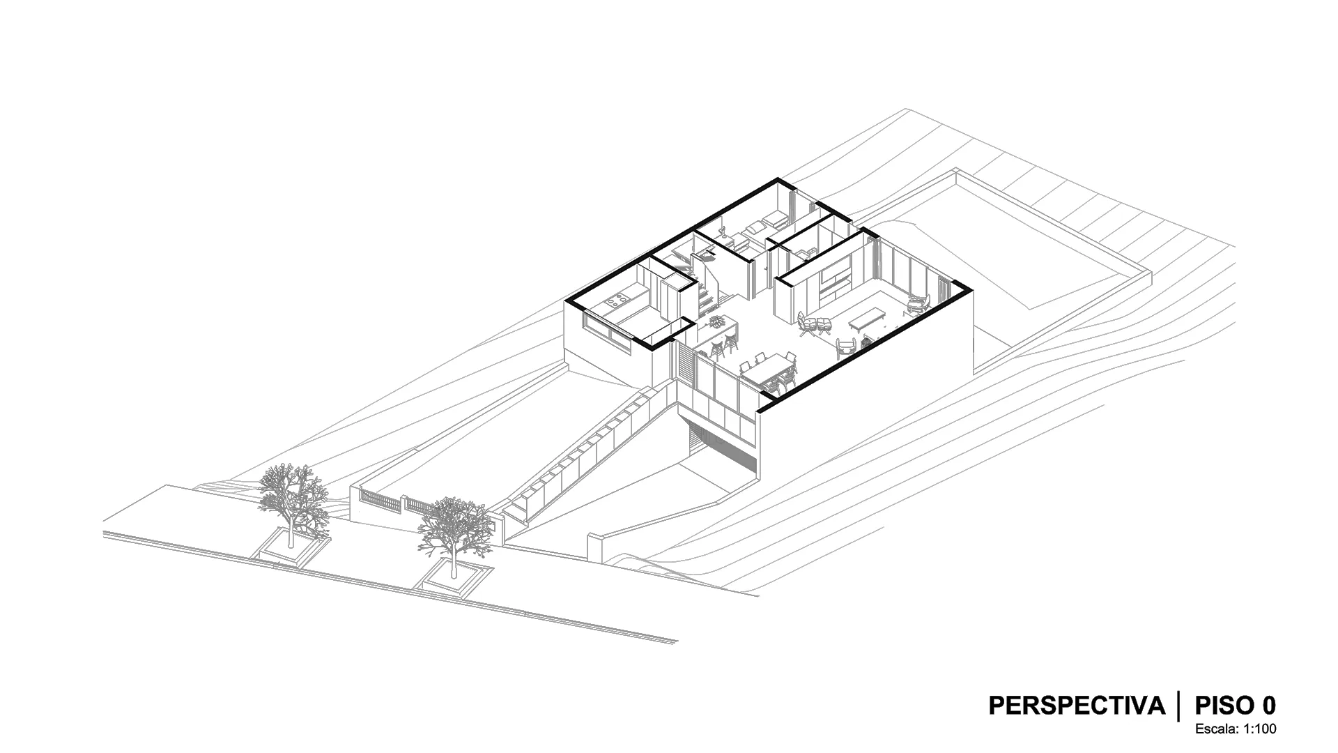 Perspetiva axonométrica do piso 0 da moradia Lote 9 em Torres Vedras