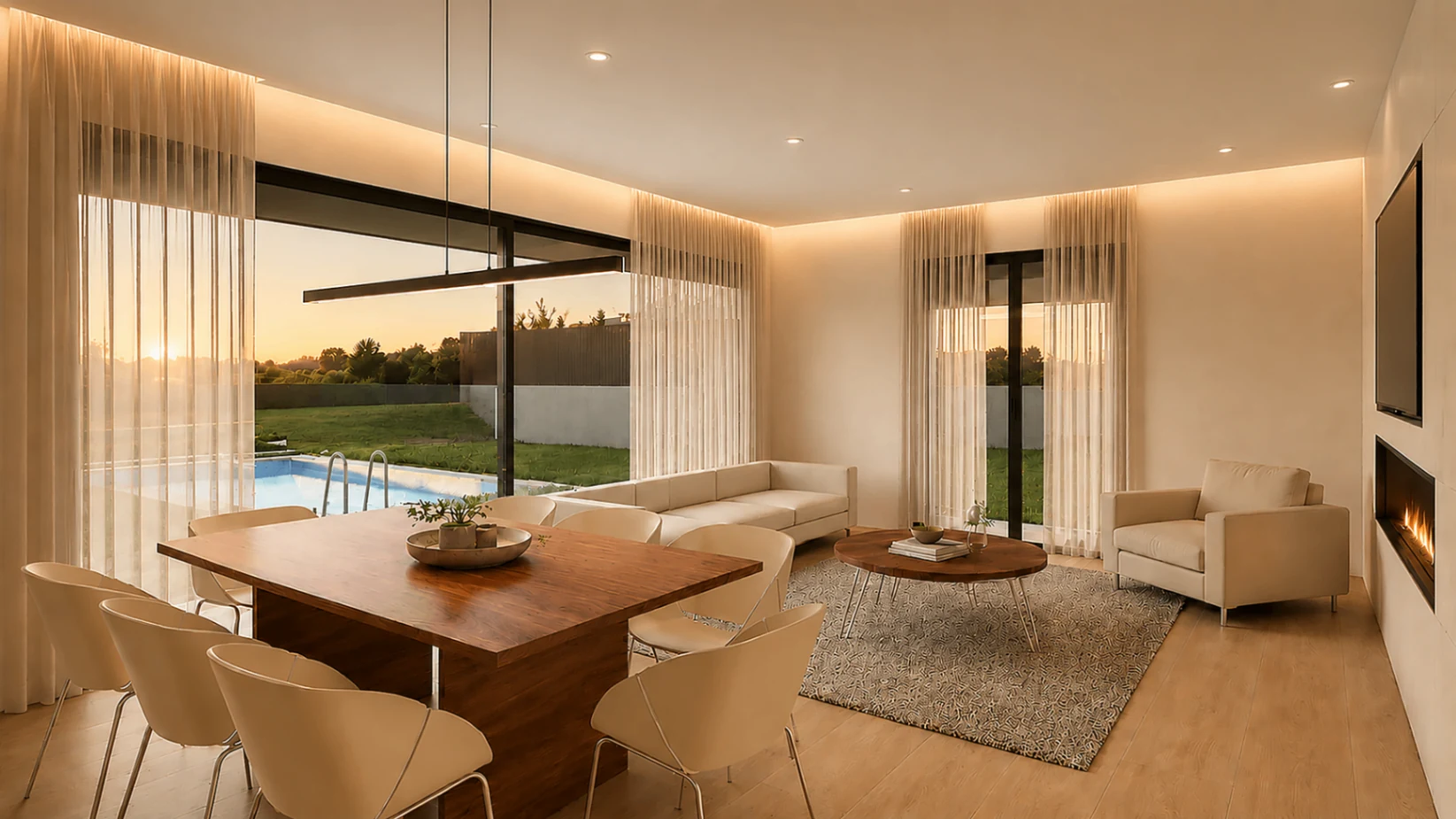 Sala de jantar integrada com vista para o logradouro na Casa Rua do Sol
