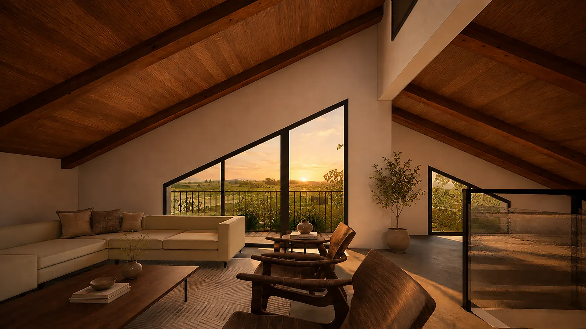 Casa Palmela — espaço interior amplo e luminoso com revestimentos em madeira e ligação ao exterior